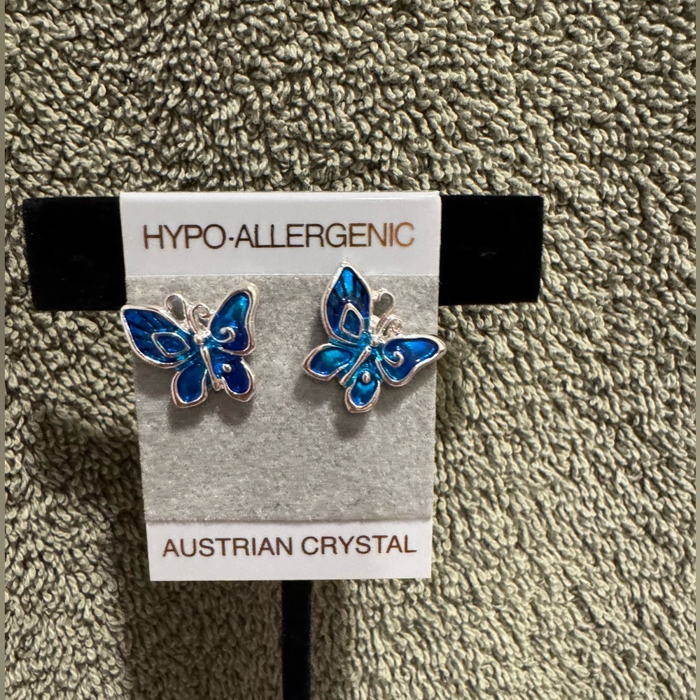 Butterfly Blue Iridescent Pierced Earrings, New, Never worn Great Easter Gift